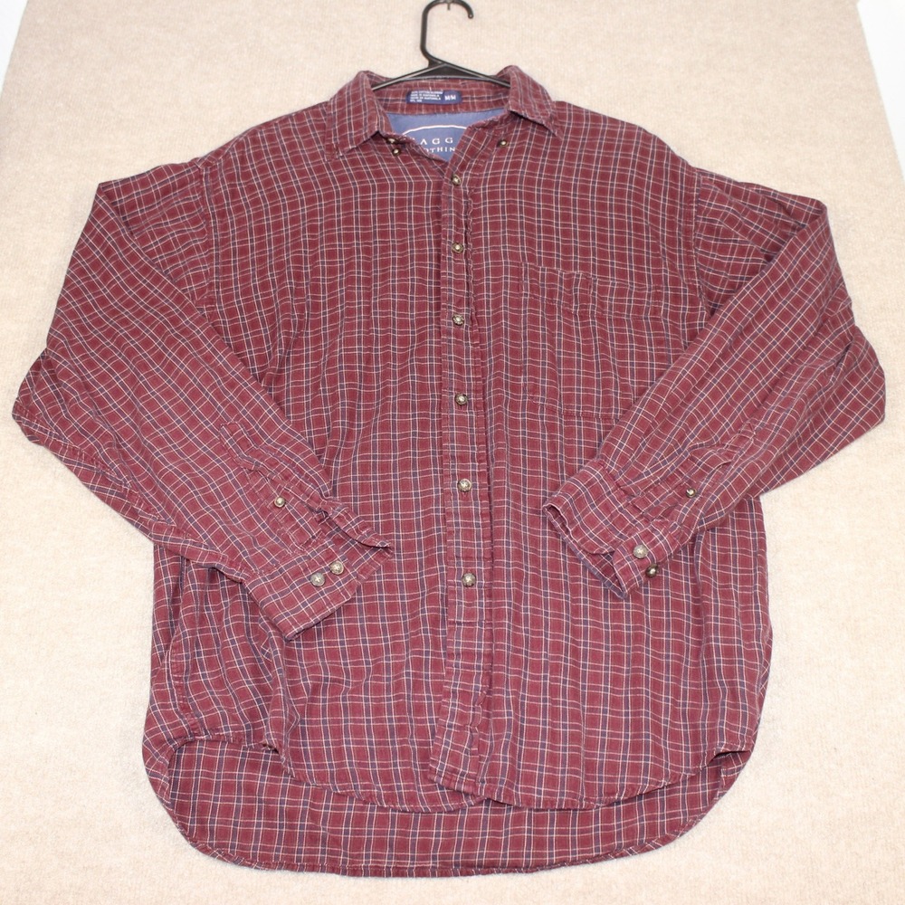 Haggar Clothing Mens Medium Burgundy Plaid 100% Cotton Button Down Shirt L/S